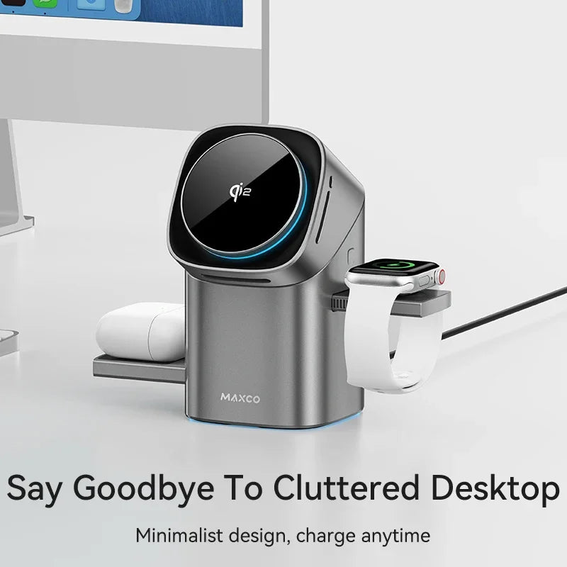 Qi2 Auto-Rotate Touch Magnetic 3-in-1 Wireless Charger with 15W Fast Charging for iPhone 12/13/14/15/16, Apple Watch, and AirPods