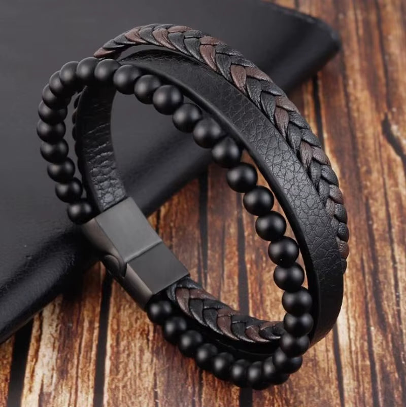 Classic Multilayer Leather Bracelet Men Hand Jewelry Gift Handsome Business Bracelet with Metal Magnetic Clasp