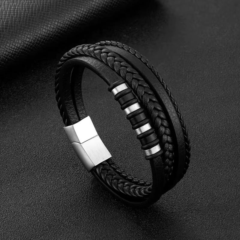 Classic Multilayer Leather Bracelet Men Hand Jewelry Gift Handsome Business Bracelet with Metal Magnetic Clasp